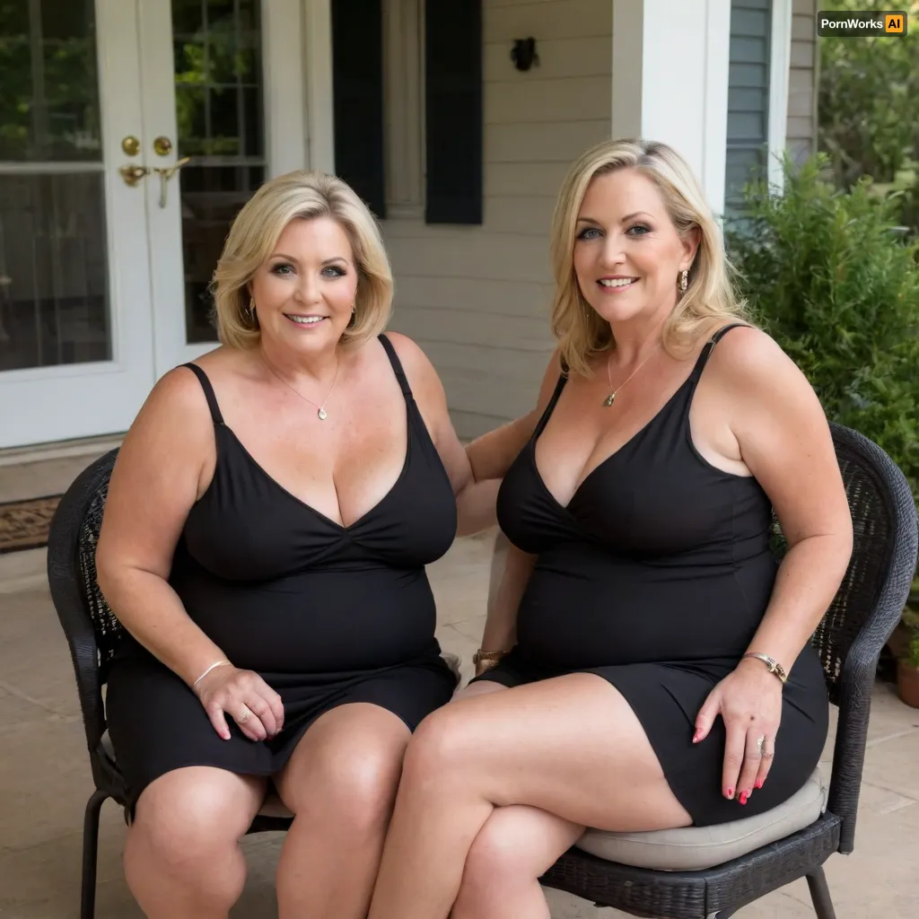 Two ssbbw mature women, sitting, a full body photo of two full figure ssbbw gilfs, 60 years old, mature, thick, big hips, (mature:1.5), (no bra, covered nipples), big smile, (captivating striking amber eyes:1.3), flirting with viewer, (one breast out), ((wearing a ring on her left hand ring finger)), ((wearing a low-cut sleeveless black minidress)), plunging neckline, sagging, birthday party in her home patio in the USA suburbs, best quality