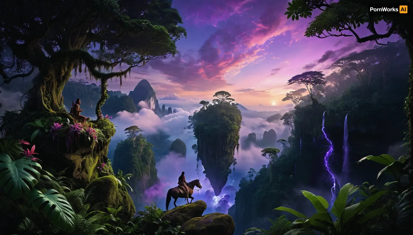 (Vibrant, awe-inspiring, fantastical rainforest landscape:1.3), towering, (floating islands:1.2), covered in lush, dense foliage, vibrant green moss, and sprawling vines, ((bioluminescent purple and blue glow emanating from within the rocks and plants)), 1.4, connected by natural bridges, mystical atmosphere, ancient temples built into the rock, distant jagged mountains piercing through a soft, hazy cloud layer, (early morning twilight:1.1), with a celestial pink and lavender gradient sky, ((a lone indigenous rider on a flying creature soaring through the forest below)), 1.3, intricate plant life in the foreground, highly detailed, photorealistic, cinematic lighting, volumetric fog, ethereal, epic scale, octane render, 8k, masterpiece, global illumination, atmospheric perspective