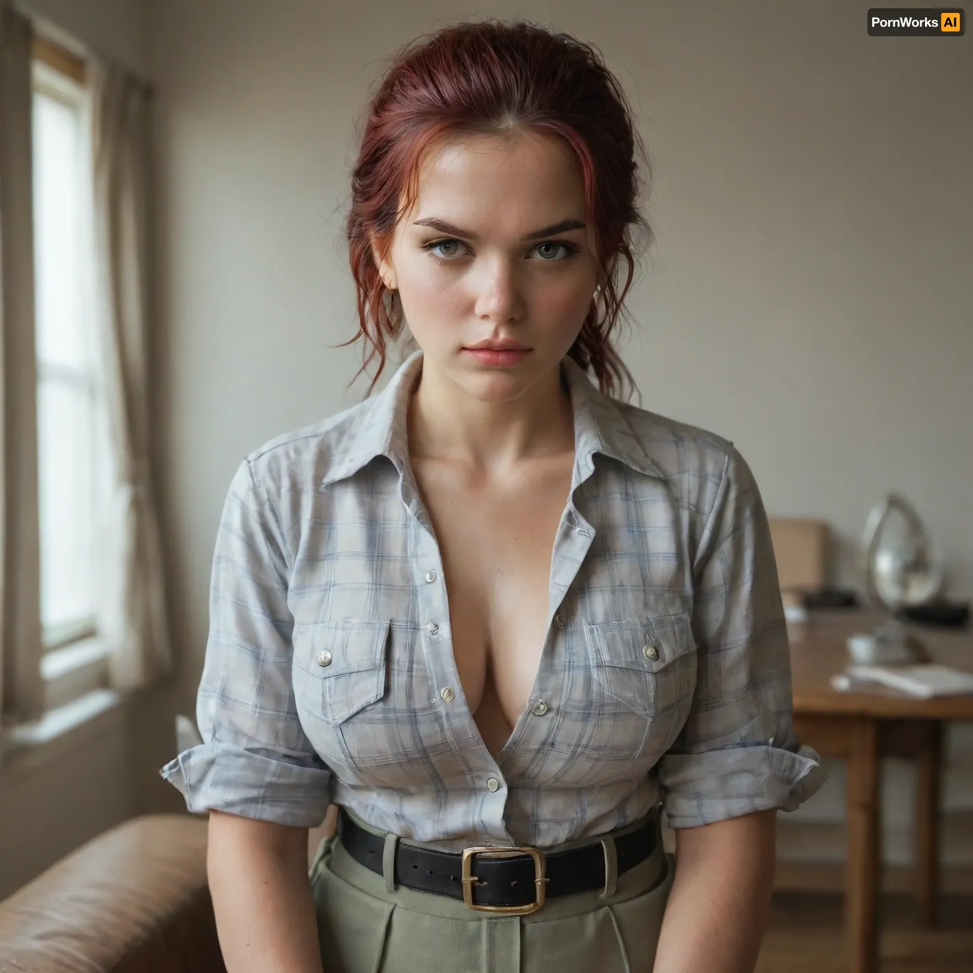 The young woman is wearing a plaid shirt with the sleeves rolled up to her forearms. Grey military trousers, (wide waist belt), . The woman's arms and legs are tied with ropes to a chair. She looks at me with hatred, a very angry look from under her brows. Very large hanging breasts.The shoulders are very wide. Short red hair, very wet, bangs, ponytail. The body is plump. Very strong, muscular forearms. Powerful and strong shoulders. A mouth with wide fleshy lips.
