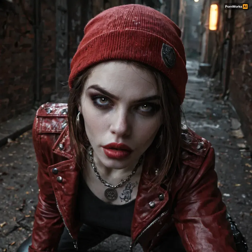 Beautiful strong fit woman, (dark brown hair, loose), high cheek bones oval face, full lips, dark red lips, (Pale skin:1.6), (bright hazel eyes, dark eyeliner and smokey eye shadow), defiant look, (Wearing detailed red biker jacket, black tight low rise leather pants and black steel toed heavy combat boots), (Also wearing a purple beanie and black fingerless gloves:1.3), (heavy silver chain necklace), (anarchy tattoos), ready to brawl, (aggressive body language), (in dark alley), (night), detailed face, detailed hair, detailed body, detailed skin, detailed breasts, detailed pussy, random view angle, action pose, low resolution photo, taken with an early 2000s camera phone, harsh flash, digital noise, compression artifacts, washed-out colors, handheld snapshot, poor lighting, realistic mobile photo aesthetic, (grainy photo:1.2), (mobile photo aesthetic:1), <lora:dark:1>