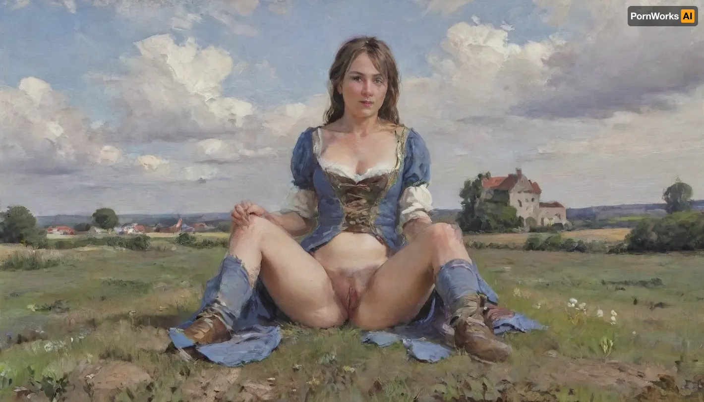 Oil painting, Milf 40 year old in medieval ragged dress sitting in a field, legs spread, castel in the background, clouds in the sky, pubic hair, view from distance, impressionist, fr4z3tt4, skirtlift, pantiesaroundfeet, bichu, oil, painting, <lora:EldritchImpressionismXL1.5:.9>, <lora:fr4z3tt4:1.5>, <lora:skirtlift_xl:2>, <lora:PantiesAroundFeet:2>, <lora:oil painting:1>