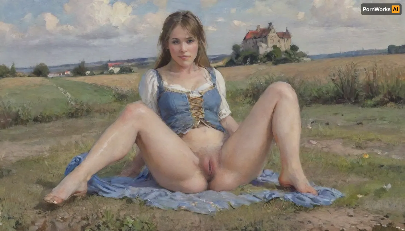 Oil painting, Milf 40 year old in medieval ragged dress sitting in a field, legs spread, castel in the background, clouds in the sky, pubic hair, view from distance, impressionist, fr4z3tt4, skirtlift, pantiesaroundfeet, bichu, oil, painting, <lora:EldritchImpressionismXL1.5:.9>, <lora:fr4z3tt4:1.5>, <lora:skirtlift_xl:2>, <lora:PantiesAroundFeet:2>, <lora:oil painting:1>