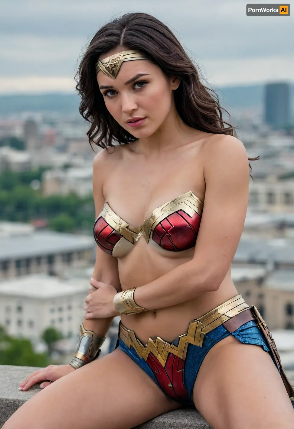 best quality, wonder woman, perfect natural breast and nipples, impossible tits, massive natural, huge breasts, looking at viewer, upper body, black hair, brown eyes, cityscape, blurry background, natural, breasts, large, nsfw, missionary, vaginal, close, up, creampie, spreading, legs, deep, huge, penis, small, amateur, missionarypose, 1boy, lying, gg4d0t-130, <lora:MissionaryVaginal-v2:.5>, <lora:POVMissionary:.5>, <lora:ww_v1:.6>