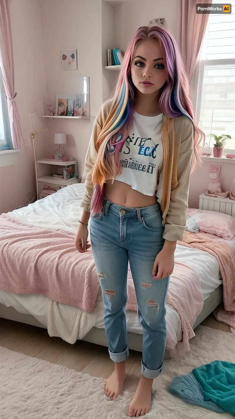 (((Young girl))), (((age 18))), realistic, beautiful girl in messy bedroom, a young non-wine person, full body, nube, colorful hair, (realistic face, perfect eyes, perfect face:1.1), colourful hair, shirtlift, <lora:Rlong-10:.5>