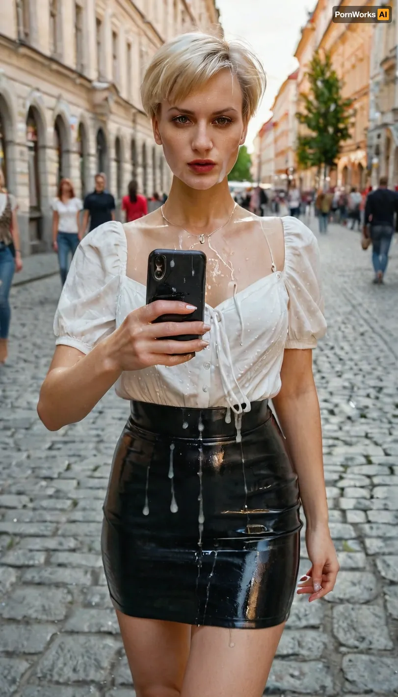 Young slavic woman walking in the city with face covered in cum, cum on face, cumwalk, making a selfie, mini skirt, high heels, short hair, blonde hair, smartphone, holding phone, selfie, woman, on, face, <lora:JustCum:1>