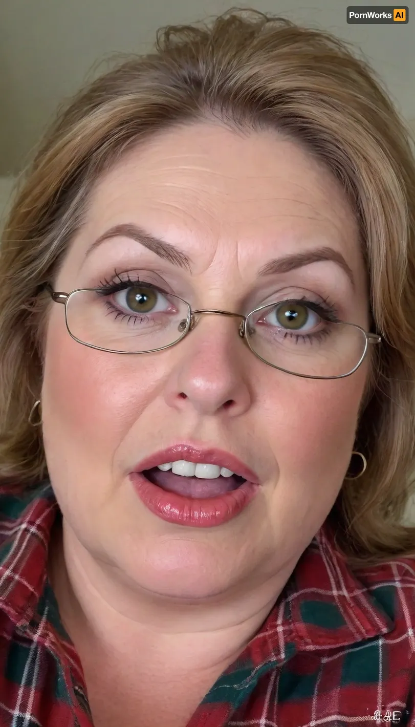 (gilf:1.6), exotic Mature woman, 75 years old housewife, (exotic), auburn hair in a ponytail, glasses, (olive skin tone:1.3), (chubby round face:1.3), (double chin:1.2), detailed hair, messy hair, disheveled hair, ((wearing a tight plaid flannel shirt)), cleavage, flirty, flirting, seductive stare, looking at viewer, intense eye contact with viewer, orgasm eyes, horny, sexy, lipstick, beautiful eyes, (green eyes), realistic eyes, detailed eyes, (big eyes:1.2), (open eyes), beautiful face, wrinkles, hoop earrings, super realistic, skin stretch, dark circles under eyes, plump lips, full lips, big juicy lips, old skin, wet lips, wet moisture, spots with skin marks, detailed skin, (open mouth:1.4), orgasm face, orgasm, screaming, scream, cumming, edgOrgasm_face, selfie picture, view from below, bottom to top view, picture from bottom to top, riding, best quality