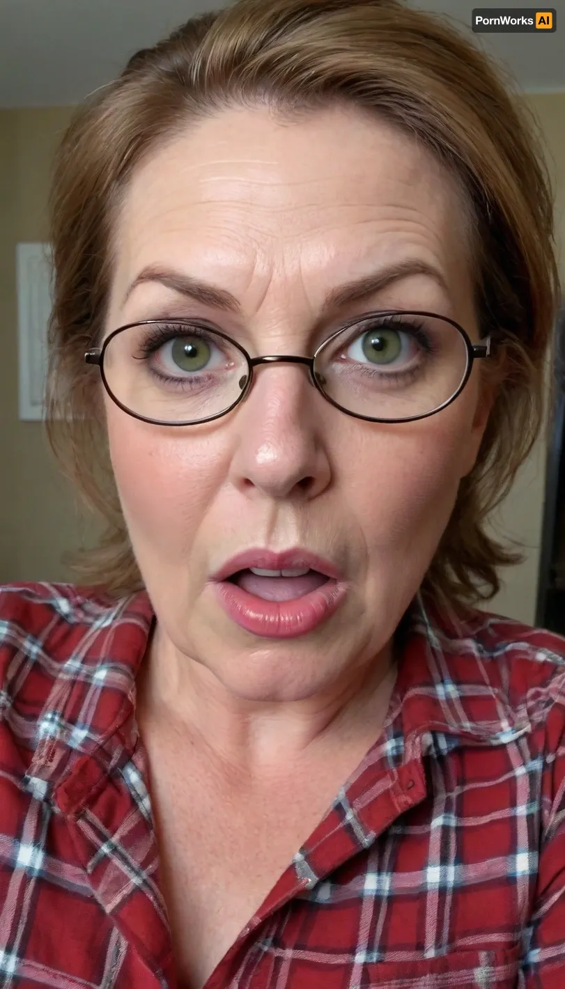 (gilf:1.6), exotic Mature woman, 75 years old housewife, (exotic), auburn hair in a ponytail, (glasses), (olive skin tone:1.3), (chubby round face:1.3), (double chin:1.2), detailed hair, messy hair, disheveled hair, ((wearing a tight plaid flannel shirt)), cleavage, flirty, flirting, seductive stare, looking at viewer, intense eye contact with viewer, orgasm eyes, horny, sexy, lipstick, beautiful eyes, (green eyes), realistic eyes, detailed eyes, (big eyes:1.2), (open eyes), beautiful face, wrinkles, hoop earrings, super realistic, skin stretch, dark circles under eyes, plump lips, full lips, big juicy lips, old skin, wet lips, wet moisture, spots with skin marks, detailed skin, (open mouth:1.4), orgasm face, orgasm, screaming, scream, cumming, edgOrgasm_face, selfie picture, view from below, bottom to top view, picture from bottom to top, riding, best quality