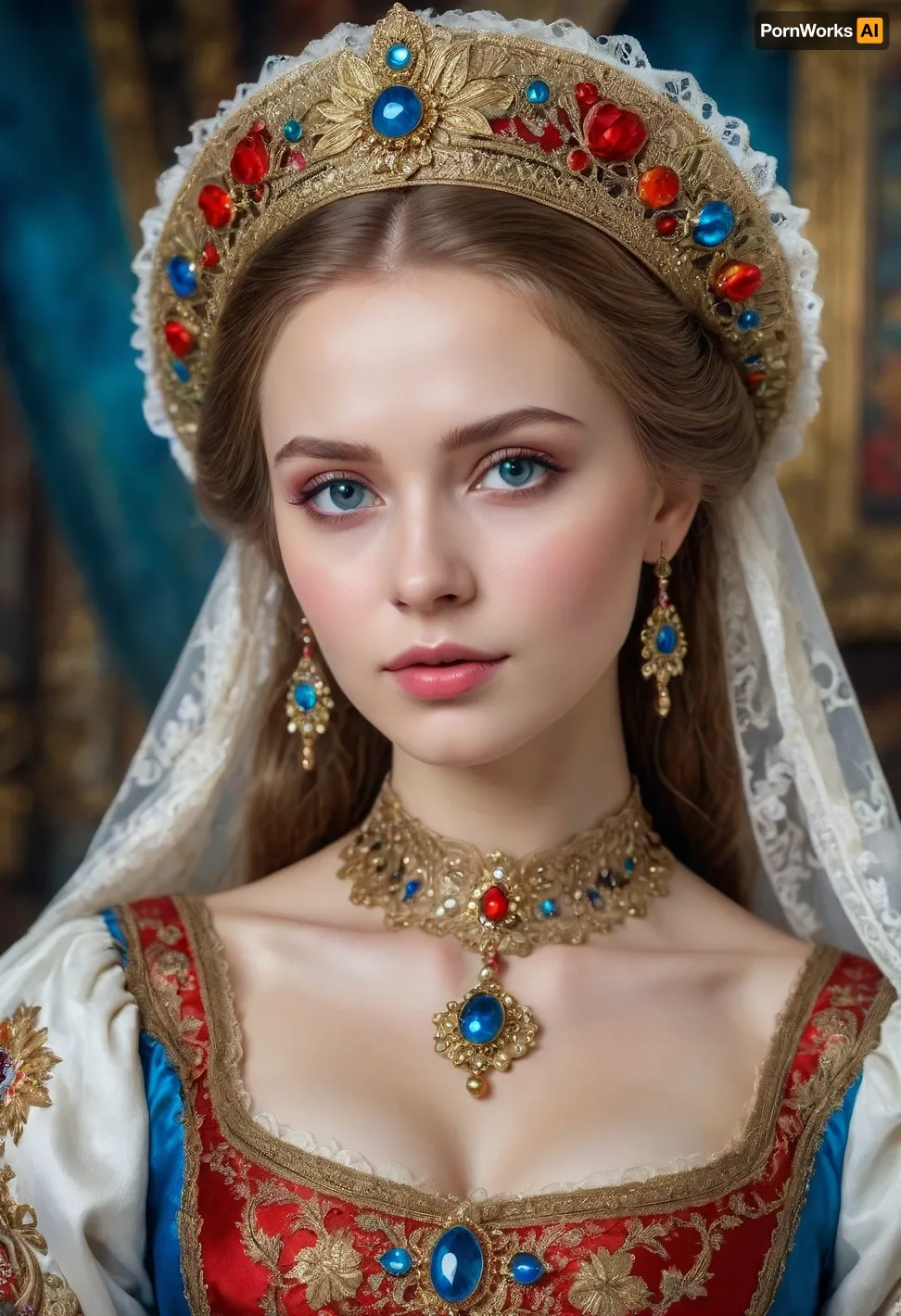 Portrait of a Russian beauty in national costume, lace filigree of bright, rich color. Super clear, highly detailed watercolor, glaze technique, plus colored alcohol ink, style of V. Vasnetsov