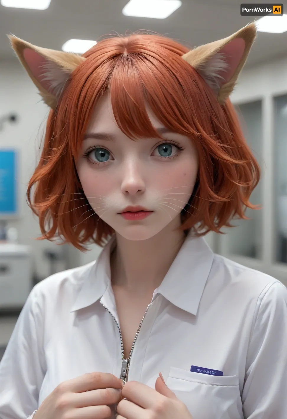 (illustration, animation, style of Dan Mora:1.4), , illustration of a woman turning into a catgirl, mad science lab decor in background, rose-red hair with dark roots, (catgirl, furry, petgirl:1.4), (science lab, science experiment, hybrid, chimera:1.4), Zip2D, SK_DigitalArt
