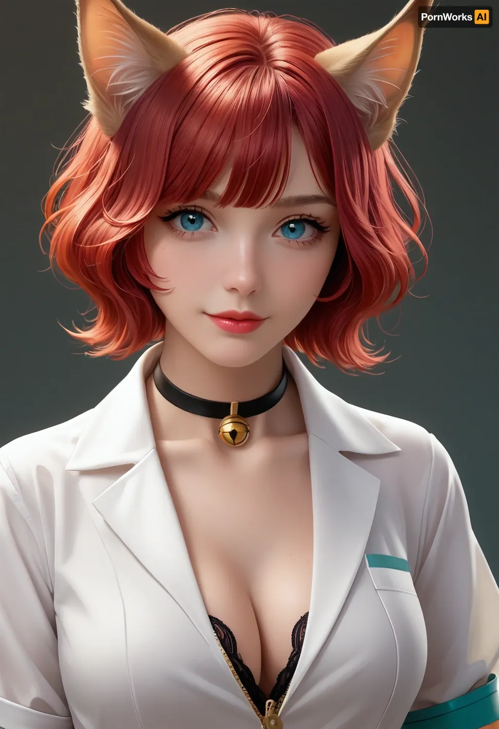 (illustration, digital art, character concept art, style of Dan Mora:1.4), , illustration of a woman turning into a catgirl, mad science lab decor in background, rose-red hair with dark roots, mischievous feline grin, (catgirl, furry, petgirl:1.4), (science lab, science experiment, hybrid, chimera:1.4), Zip2D, SK_DigitalArt