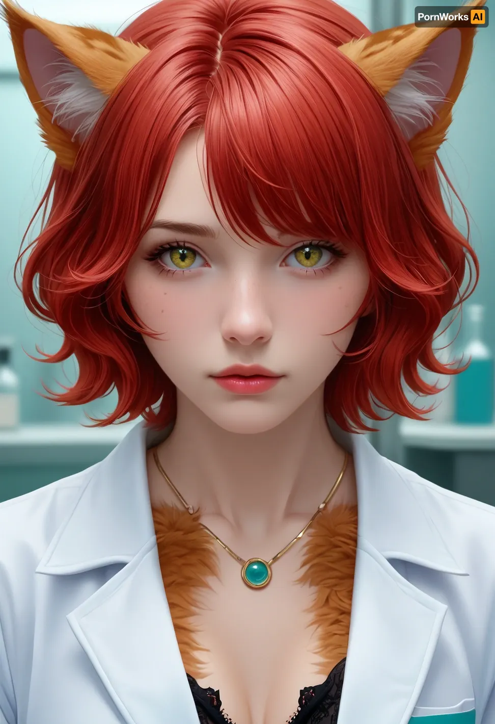 (illustration, digital art, character concept art, style of Dan Mora:1.4), , illustration of a woman turning into a catgirl, mad science lab decor in background, rose-red hair with dark roots, (catgirl, furry, petgirl:1.4), (science lab, science experiment, hybrid, chimera:1.4), Zip2D, SK_DigitalArt