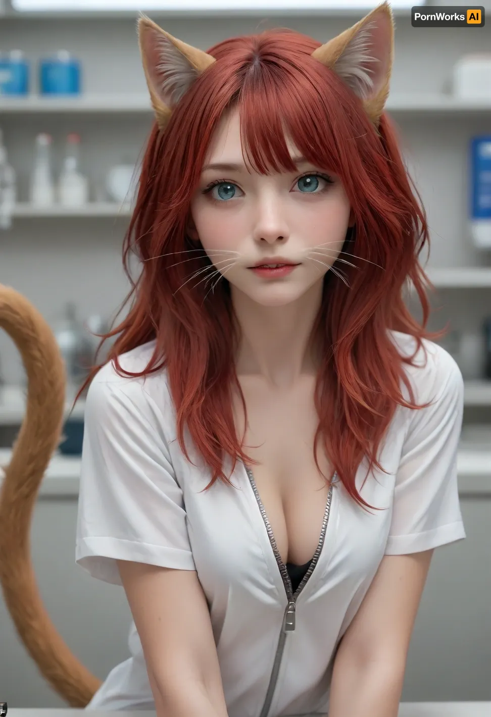 (style of Jay Anacleto:1.4), , (illustration, digital art, character concept art, comic style:1.2), illustration of a 24-year-old woman turning into a catgirl, mad science lab decor in background, long rose-red hair with with golden undertones, nice crinkled in a mischievous feline grin, mad science laboratory in background, (catgirl, furry, petgirl, transformation, cat whiskers, feline tail, feline legs:1.2), (science lab, science experiment, hybrid, chimera:1.2), Zip2D, SK_DigitalArt