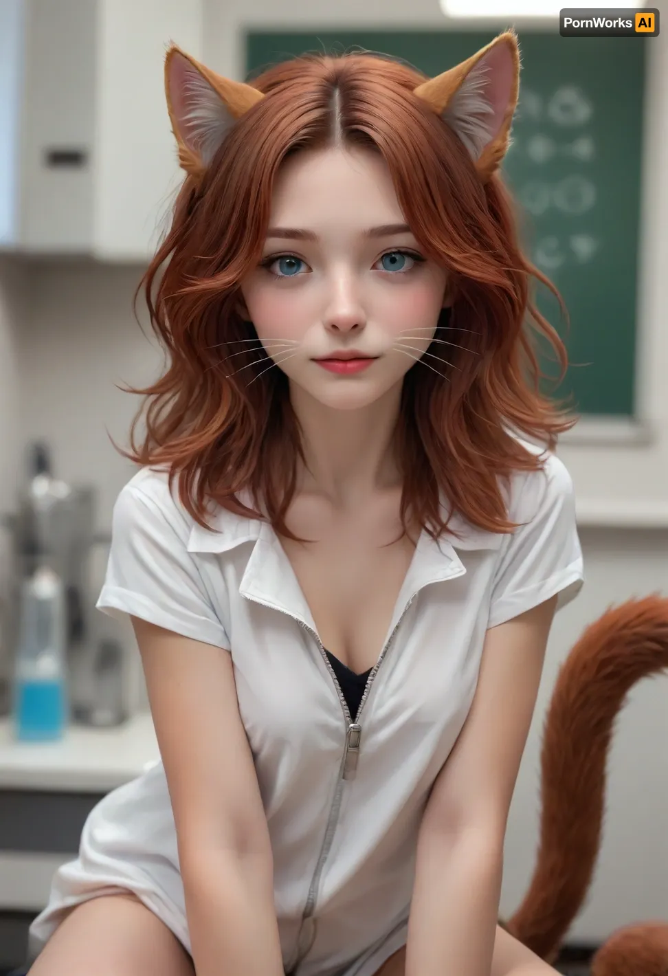 (style of Jay Anacleto:1.4), , (illustration, digital art, character concept art, comic style:1.2), illustration of a 24-year-old woman turning into a catgirl, mad science lab decor in background, long rose-red hair with with golden undertones, nice crinkled in a mischievous feline grin, mad science laboratory in background, (catgirl, furry, petgirl, transformation, cat whiskers, feline tail, feline legs:1.2), (science lab, science experiment, hybrid, chimera:1.2), Zip2D, SK_DigitalArt