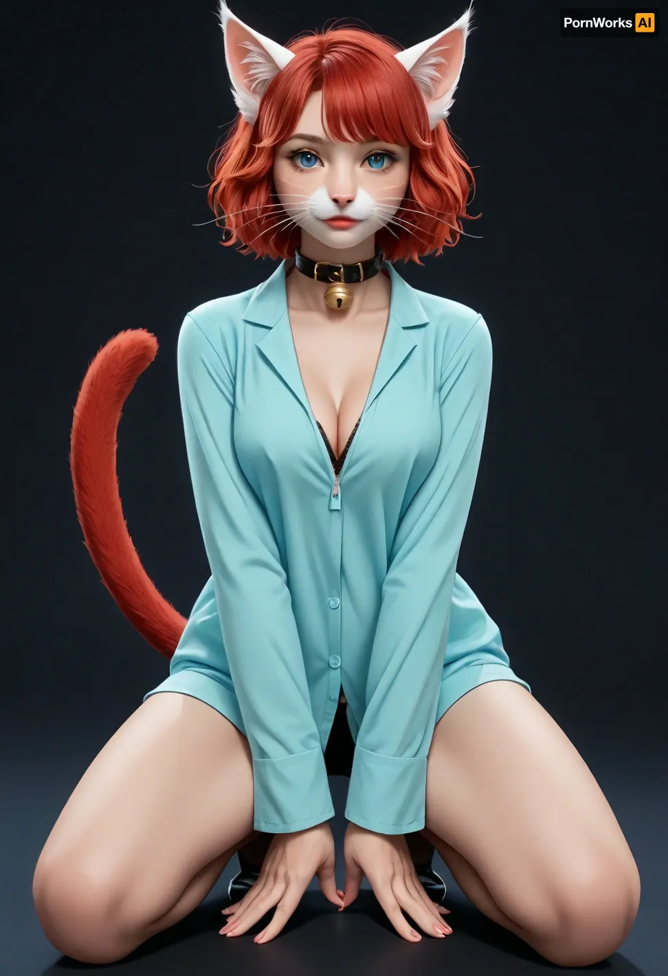(style of Jay Anacleto, illustration, digital art, character concept art:1.4), , illustration of a 30-year-old woman turning into a catgirl, mad science lab decor in background, long rose-red hair with with golden undertones, nice crinkled in a mischievous feline grin, wearing a choker with a bell, crouched on all 4 legs, mad science laboratory in background, (catgirl, furry, petgirl, transformation, cat whiskers, feline tail, feline legs, collar with bell:1.2), (science lab, science experiment, hybrid, chimera:1.2), Zip2D, SK_DigitalArt