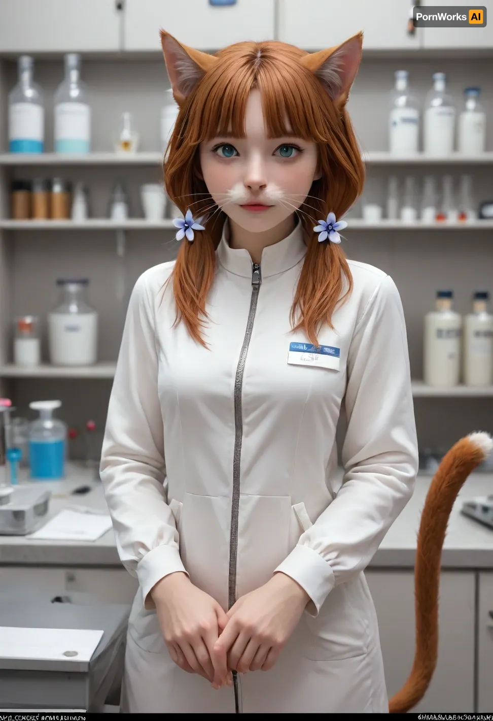 (style of Jay Anacleto:1.4), , (illustration, digital art, character concept art, comic style:1.2), illustration of a 30-year-old woman turning into a catgirl, mad science lab decor in background, long rose-red hair with with golden undertones, nice crinkled in a mischievous feline grin, mad science laboratory in background, (catgirl, furry, petgirl, transformation, cat whiskers, feline tail, feline legs:1.2), (science lab, science experiment, hybrid, chimera:1.2), Zip2D, SK_DigitalArt