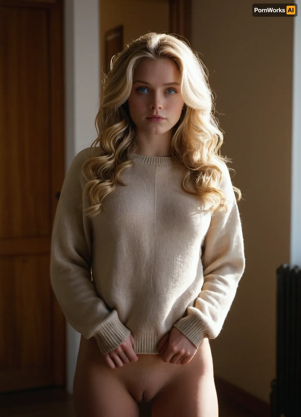Entranced: a single glance from a blue-eyed blonde under the soft indoor light