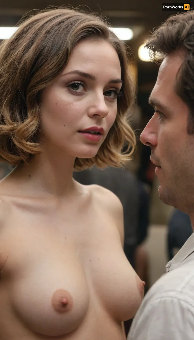 man fondling woman's perky natural breasts, woman has wavy bob haircut, woman is looking at viewer, man is facing away from viewer