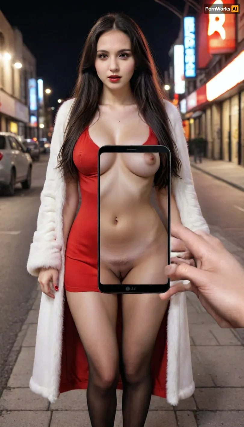 Brunette girl, elegant 18yo brunette with long black hair stands on the street with her legs wide apart, black and red dress, white fur coat, black colan stockings, red high-heeled shoes, long wavy hair, evening, neon lights, 18 years old, big breasts, hairy pubis, the whole silhouette in the frame, majikfone, <lora:Magikfone_XL_0.4:.8>