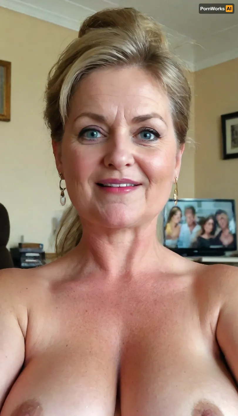 old granny mature, 60 years old granny, most sexy mature granny, light brown hair, ponytail, glamour, very chubby, beautiful blue eyes, big eyes, gold hoop earrings, in her living room, sweaty body, short, looking at the camera, selfie picture, face and boobs focus, (open mouth:1.2), (big lips), excited expression, granny, horny sexy face, tiny saggy boobs, super fancy glamour, no make up, very small saggy boobs, sexy small boobs, big nose, long nipples, big aureolas, puffy, nipples, dark, ghost, wide, <lora:Nipples XL:.5>