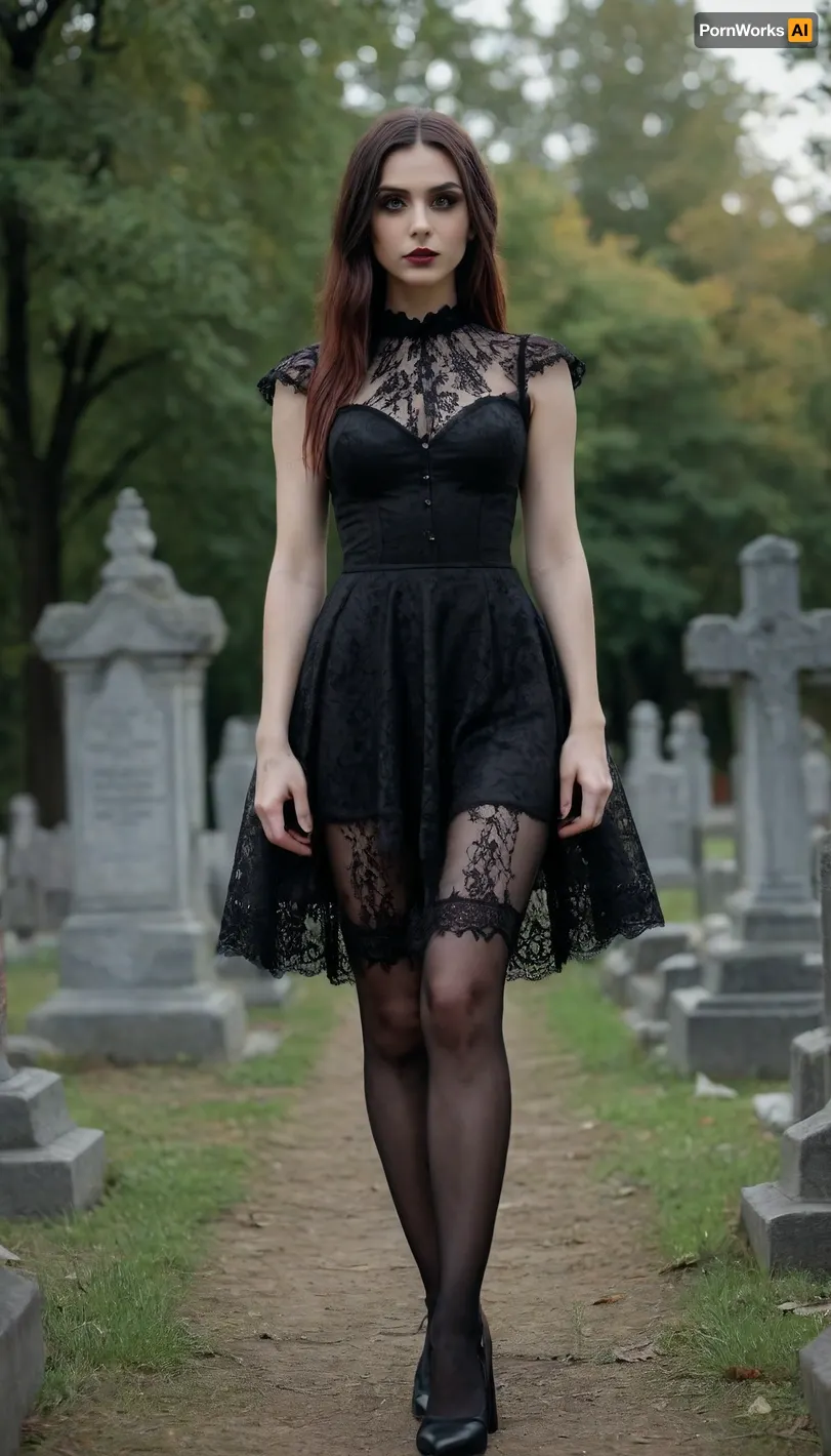 Group of gothic girls posing in a graveyard, 8k, photoreal, high quality, (smooth pussy), perfect tall body, long legs, intricate hairstyles, intricate transparent lace gothic dress, stockings, high heels platform, (sexy slut poses)