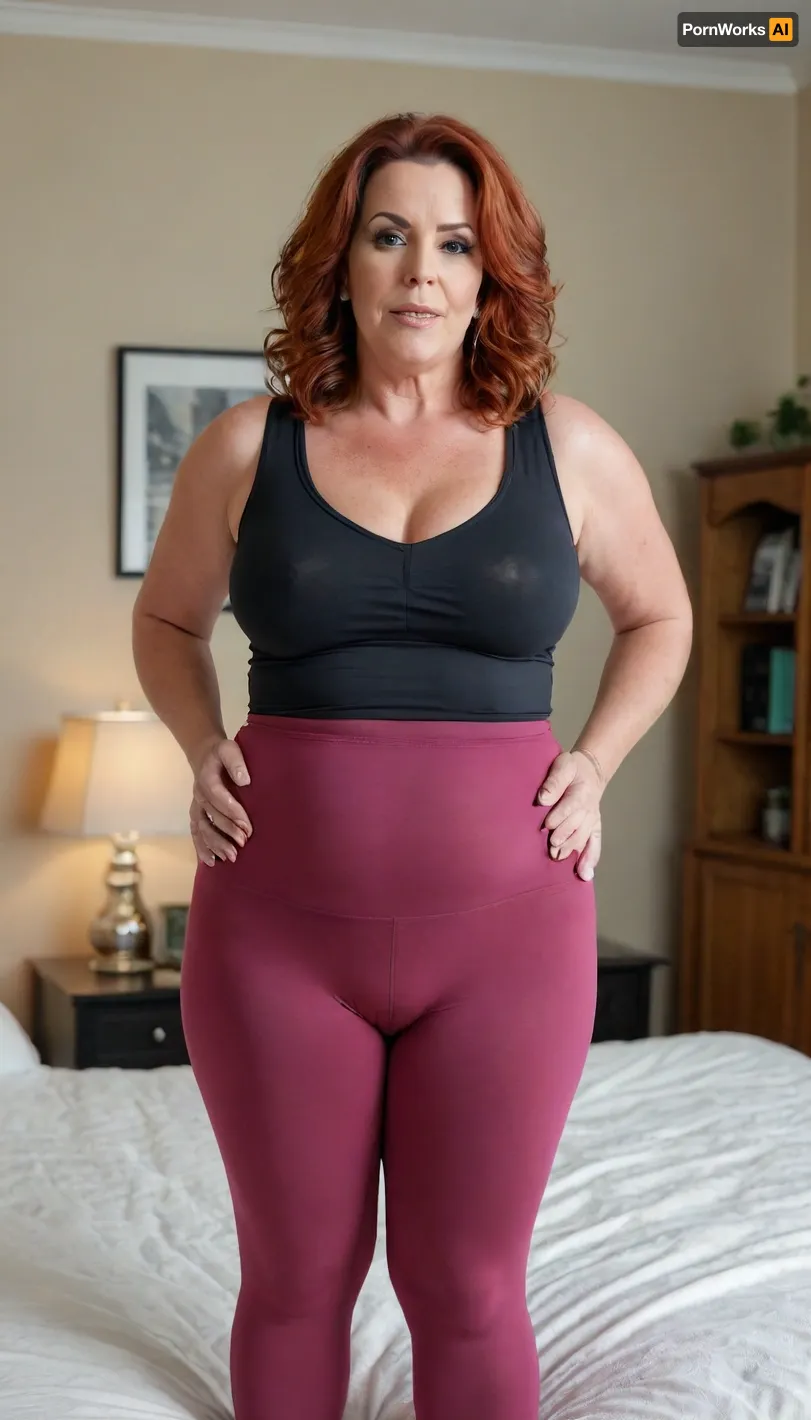 (Looks like fat Andi James), bbw milf, mature, very chubby, sagging, massive hips, massive thighs, FUPA, high-waist tight leggings, sleeveless t-shirt, Erotic seductive look, blurred bedroom background, fat pussy, huge cameltoe