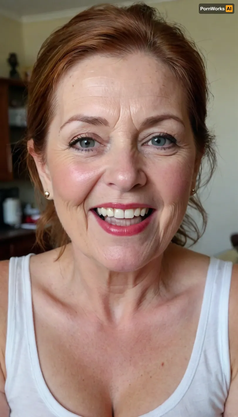 old granny mature, 65 years old granny, auburn hair, ponytail, very chubby face, detailed eyes, in her living room, sweaty body, sleeveless T-shirt, short, looking at the camera, (open mouth), smile, red lips, granny, horny sexy face, tiny saggy boobs, no make up, very small saggy boobs, sexy small boobs, long nipples, big aureolas, most sexy mature granny