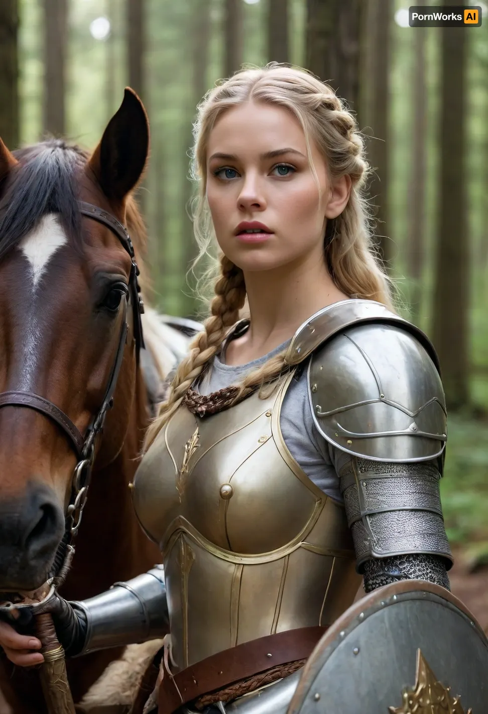 26 year old blonde knight, long hair, braided hair, horse, juicy lips, armour, sword, shield, in the forest, front view, big boobs, eye contact, talking