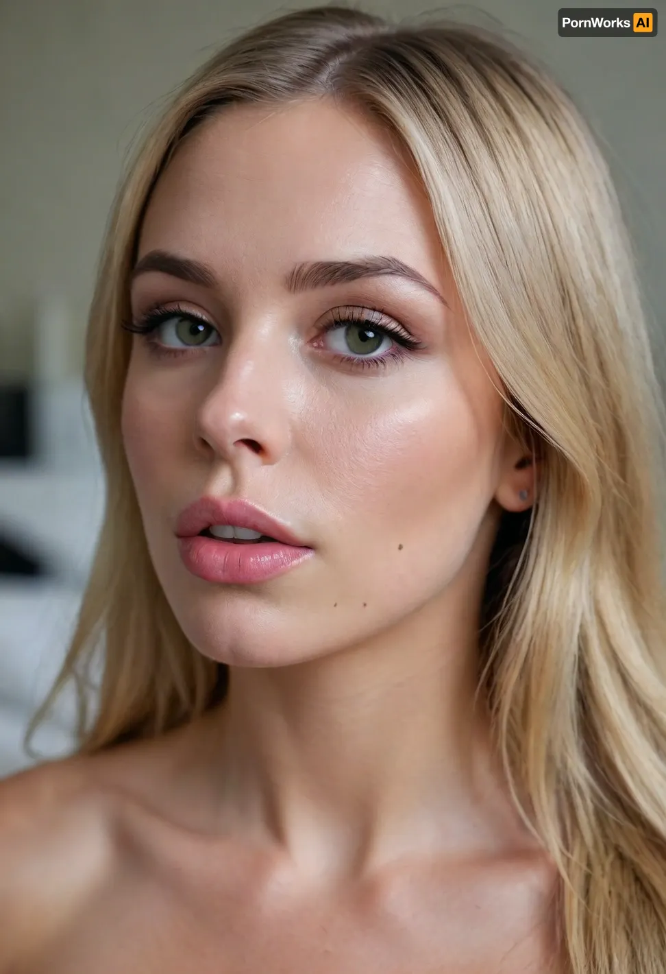 26 year old girl, blonde, long hair, straight hair, moderate make up, juicy lips, botox, normal boobs, regular boobs, natural boobs, nude, cum on face, cum on lips, kissing a man, dripping cum