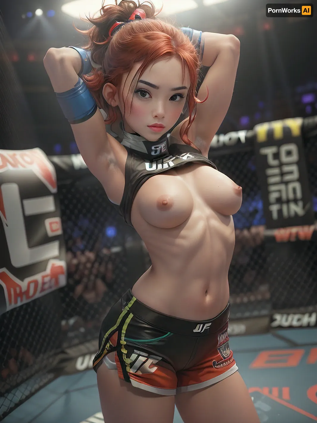is a photograph of a young girl in her early 20s standing in the center of an octagon, (UFC ring), . She is posing confidently, her tits are exposed. Her sportswear consists of a short yellow and blue top and shorts that emphasize her slender and athletic figure. Her long red hair is braided into two braids, giving her a distinctive and stylish look.

The mixed martial arts gloves are black with white lettering “UFC”. In the background, you can see the ring grid with bright lighting, which creates the atmosphere of a professional fight. The UFC logos and advertising banners are placed along the grid, adding to the realism of the scene. The lighting focuses on the girl's face and figure, emphasizing her strength and confidence.
1girl, nipples, breasts, shirt, lift, flashing, lifted, by, self, <lora:MS_Real_FlashBoobs_Lite:.5>, <lora:ahx_v1:.5>
