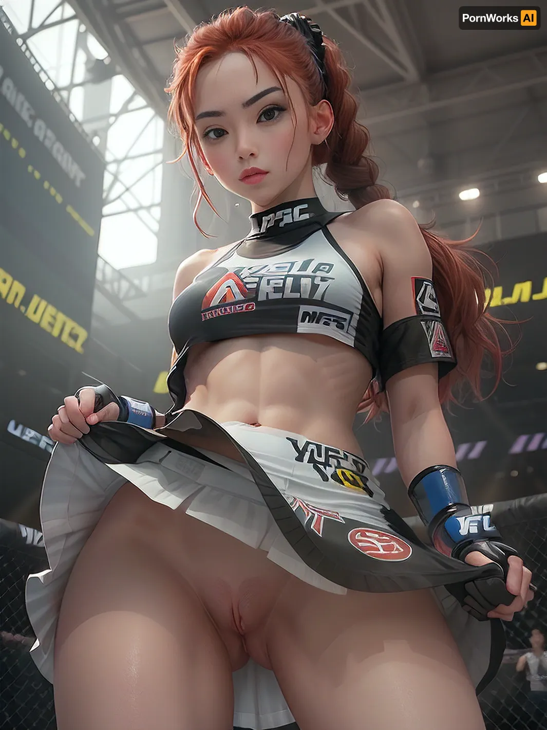 A photo of a young girl in her early 20s standing in the center of the octagon, (UFC ring), . She is posing confidently, showing her pussy, Her sportswear consists of a short yellow and blue top that emphasizes her slender and athletic figure. Her long red hair is braided in two braids, giving her an expressive and stylish look.

The mixed martial arts gloves are black with white lettering “UFC”. In the background, you can see the ring grid with bright lighting, which creates the atmosphere of a professional fight. The UFC logos and advertising banners are placed along the grid, adding to the realism of the scene. The lighting focuses on the girl's face and figure, emphasizing her strength and confidence., skirtlift, <lora:skirtlift-v1:.5>, 1girl, solo, pussy, no, panties, clothes, lift, dress, lifted, by, self, skirt, standing, outdoors, pubic, hair, public, indecency, exhibitionism, bottomless, <lora:MS_Real_FlashPussy_Lite:.5>
