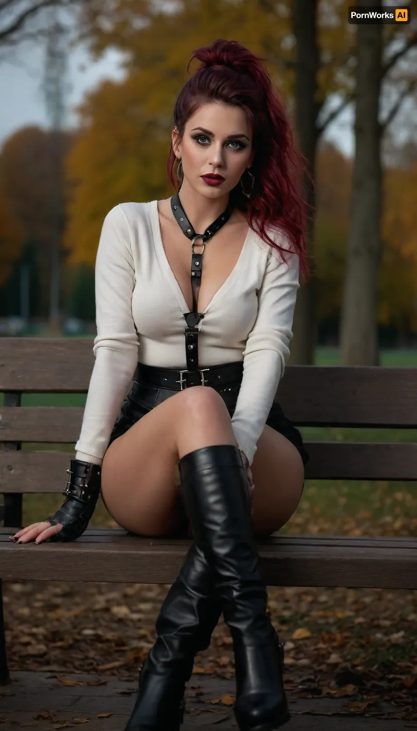Voyeuristic view, promiscuous alternative woman in sexy, (white sweater), black jeans, (black leather harness with metal spikes and clasps punk millitary army gothic long man's boots above the thigh, on a massive steel wedge), sitting on a bench in an evening fall park, her alternative image attracts attention and turns heads in this fall park, (Realistic woman), 33 years old, long disheveled dark btown hair in a bun, sexy beautiful realistic face, nose piercings, (perfect green eyes), realistic big eyes, green eye shadow, black mascara dripping from eyes, sexy lips, (burgundy lipstick), sexy seductive look, sexy body, small sized boobs, natural breasts, perfect hands, white nail polish, bringing fingers to lips, perfect realistic skin, park bench, dim light, high quality, realistic Photo, action shot, scruffy, red, hair, piercing, earrings, perfect, realistic, big, green, eyeshadow, mascara, sexy, lips, lipstick, beautiful, body, natural, boobs, hands, skin, country, autumn park, light, Coat, Boots, Black