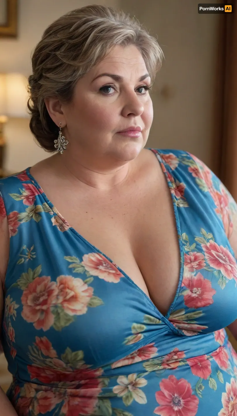 Fat mature woman, granny, (gilf:1.4), brown hair, mature fat bbw milf, fat, bbw, (chubby face:1.6), 75 years old, open blue floral dress, hoop earrings, backgroung of a room, highres, extremely detailed, 8k photo, best quality, beautiful lighting, natural light, realistic, erotic, photorealistic, photo, photography, detailed, in focus, huge, UHD 8k focus stacking