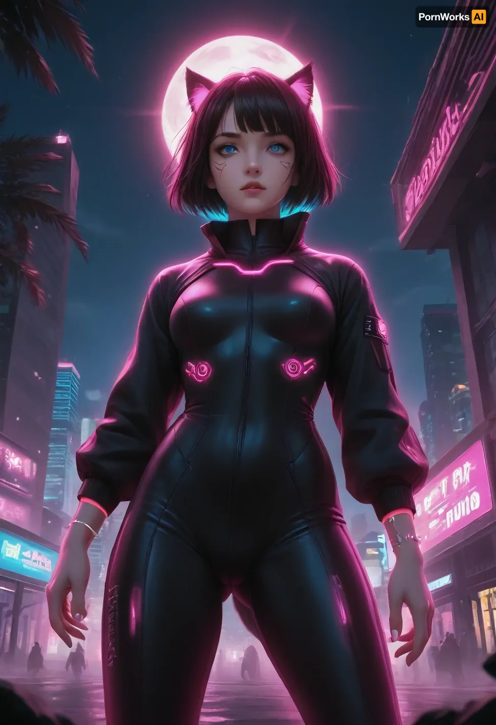 An catgirl hunts in a futuristic nighttime Tokyo, blending cyberpunk and synthwave aesthetics. The catgirl has sleek, feline features with glowing neon eyes, dressed in a tight, tactical bodysuit with glowing accents. She crouches on a rain-slick rooftop, overlooking the glowing city below. The Tokyo skyline is a mix of towering futuristic skyscrapers with neon signs, holograms, and synthwave-inspired purple, pink, and electric blue hues. The streets below are bathed in mist and neon reflections, while a huge glowing moon looms in the background. The art style resembles 1980s retro cartoons, with bold outlines, vibrant colors, and a nostalgic animated feel. The catgirl's tail flicks, and her pose conveys stealth and readiness for action., (cel-shaded:1.8), (1980s cartoon, synthwave colors, cyberpunk, neon glow, futuristic Tokyo, retro animation, bold outlines, vibrant palette, cinematic lighting:1.5), ZipRealism