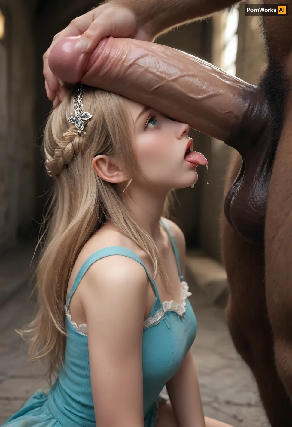 beauty, (gorgeous girl:1.1), blonde long hair, (big blue eyes:1.3), small tiara on head, giant minotaur with a, (massive penis:1.8), huge testicles, the minotaur is twice as big as the girl, kissing his massive horse style penis, penis is twice as big as her face, in dungeon castle, kneeling, (face splatered in sticky white cum), penis is on her head, tears, short tongue, torn dress, hand on head, side view blowjob, full lenght body, cum dripping from cock