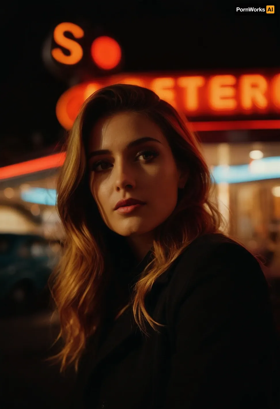 (avant-garde snapshot aesthetic, deep saturation, shadowy vignetting, light leaks, film grain, bokeh:1.4), adoring wife, outside neon retro diner, perfecteyes, <lora:PerfectEyesXL:.4>, sunnyrayyxo, <lora:sunnyrayyxo_v1_SDXLBase:.4>
