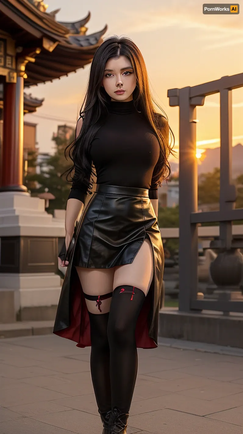 score_9, score_8_up, score_7_up, Western Comics, Full Body Shot, Rin Tohsaka, cute, seductive, innocent, (light smile:.3), plump lips, slender body, aqua eyes, long wavy black hair, twin tails tied with black ribbons, red turtleneck, black skirt, long black stockings under brown leather flats, sunset, buddhist temple background, depth of field, dynamic angle, fashion photography, sharp, (hyperdetailed:1.15)