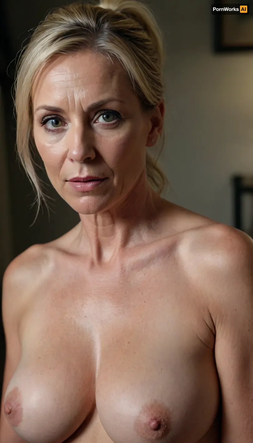 ((1 woman), (mature:1.2), milf, gilf, blonde, (mature 45 year old woman), very realistic, ponytail, naked, heavy breasts, (facial wrinkles:1), dim light, soft lightning, looking at viewer, (((view from above:1))))