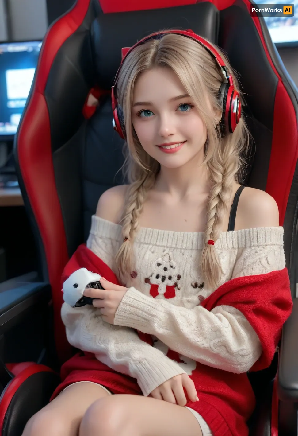 One girl, russian young beautiful 18 years old girl, blonde hair, two big braid, blue eyes, (Realism:1.5), (Small flat chest:1.4), (smile:1.3), Dressed in a oversize sweater and pink Gaming Headphones, gamer room, Christmas atmosphere, With a red furry cat, (Sitting on a gaming chair:1.3), Gaming computer