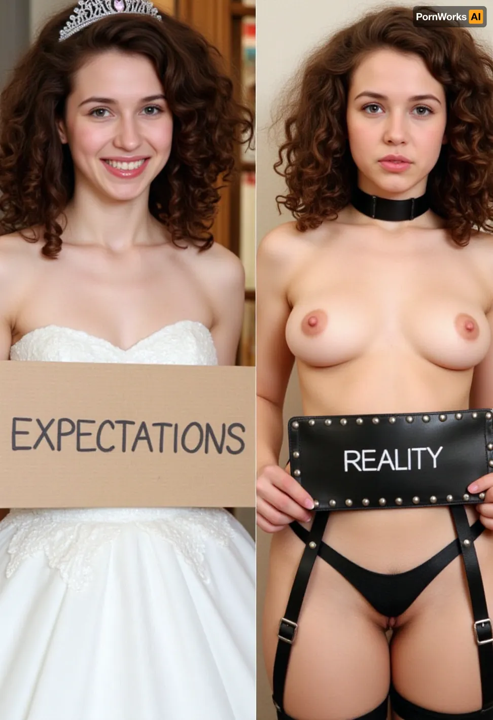 side-by-side two pictures, young French petite woman, curly brown hair, standing, (first picture on the left, confident, playful expression, huge smile, wedding dress, tiara, holding a handmade sign with text "EXPECTATIONS"), (second picture on the right, new expression on her face, much more serious, worried, nude, black choker around her neck, black leather harness with rivets on her chest, black garter at the waist, black leather straps with rivets on her legs, holding a handmade sign with text "REALITY")
