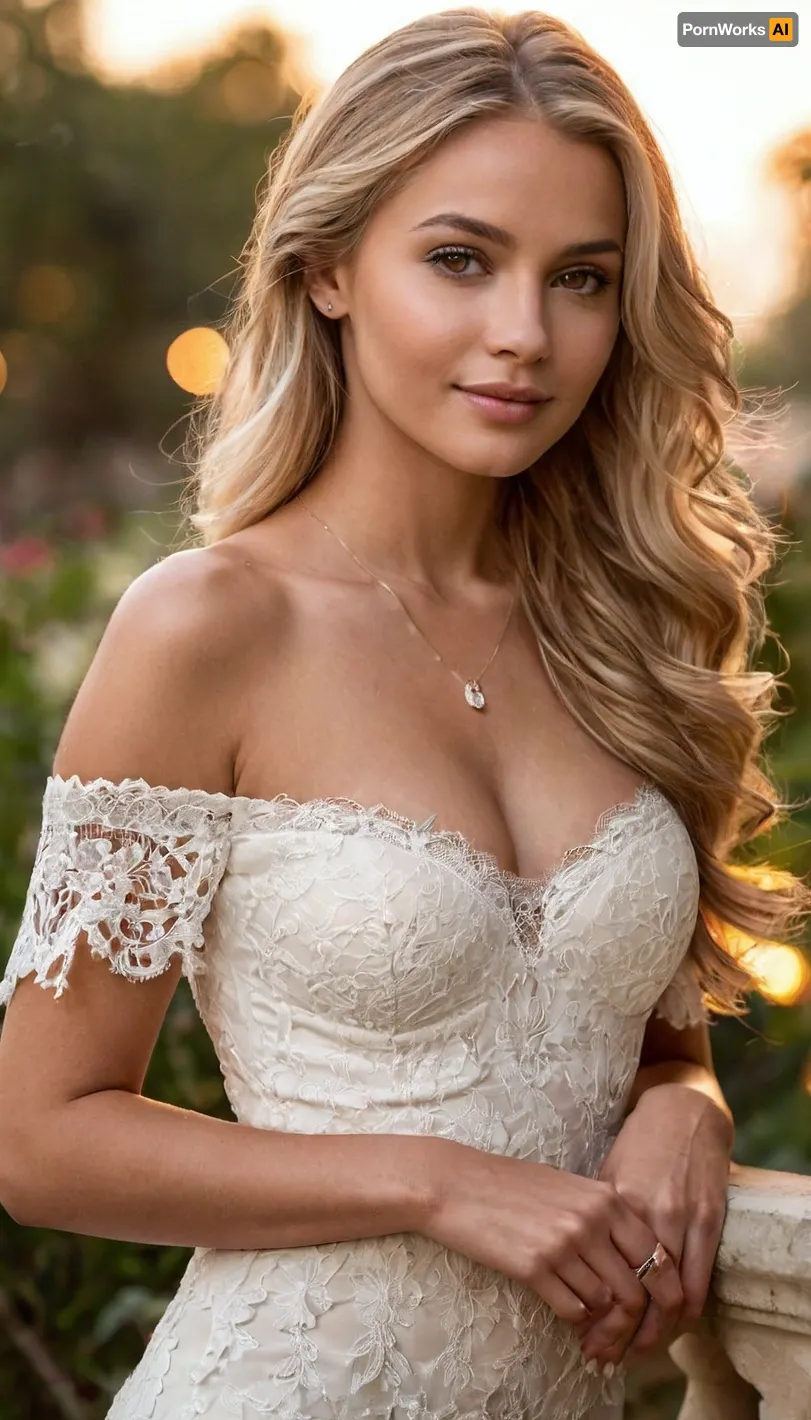 masterpiece, best quality, photorealistic, ultra-detailed, beautiful young woman with long straight blonde hair, soft waves, bright eyes with soft makeup, wearing a white dress with intricate lace details and cutouts, off-the-shoulder sleeves, large cleavage highlighted by the design, curvy figure, toned waist, hourglass shape, well-defined hips, smooth skin with a natural tan, a subtle smile, elegant posture, one hand resting on her side, jewelry on her wrist, soft lighting from a warm outdoor atmosphere, blurred background with soft bokeh lights and greenery, high-resolution photo with a cinematic, warm, and inviting composition