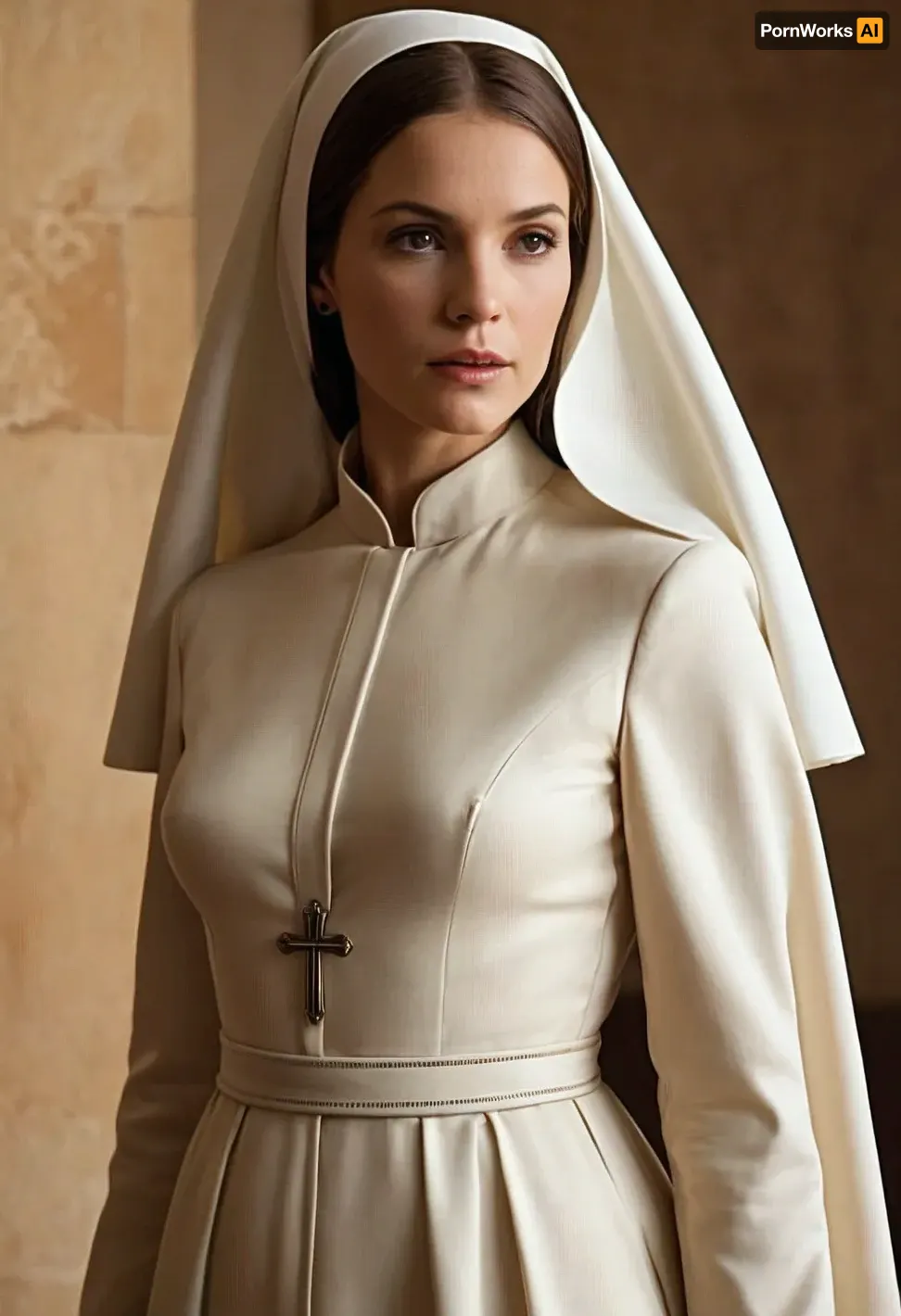 A woman about 5′ tall, dressed in a conservative business suit and a small nun’s veil was walking towards her. Although the veil gave the nun a kind of generic physical persona by hiding many of her desirable feminine qualitys such as hair color and style, it could not vanquish her clear skin, petite mouth and refined bone structure. Nor could her conservative dress hide the shape of her perfect breasts, slim waste and well proportioned hips and ass. Before she caught herself, Jennifer imagined what the nun would look like naked in thralls of sex.