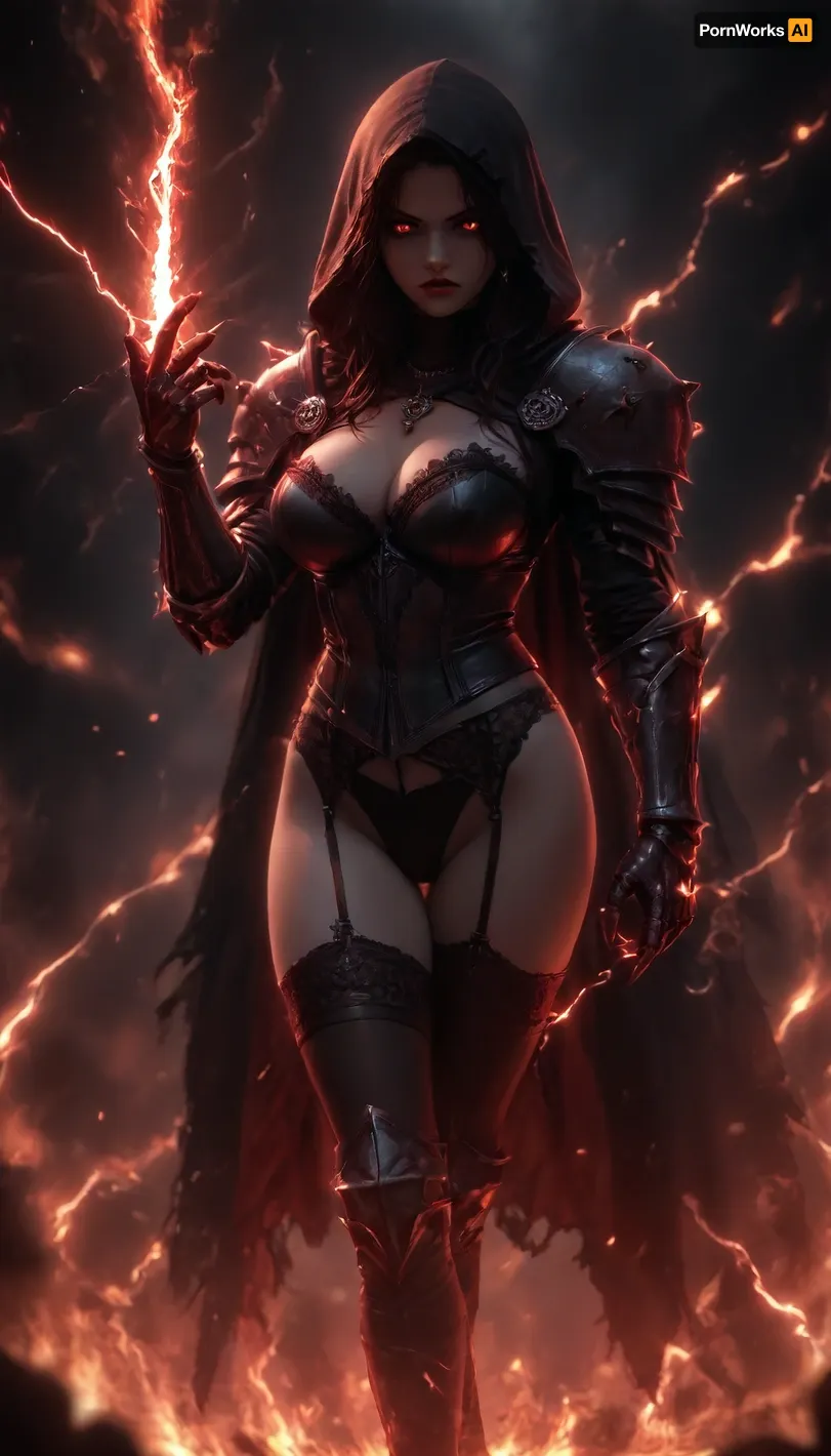 woman, long black messy hair, rings, earrings, necklace, bracelet, strong makeup, big breasts, perfect Body, best quality, perfect face, perfect body, highres, 8k wallpaper, (soft lighting:.5), quality, black hood, cape, ((deathknight black spiky full metal warrior armor)), hood, burning undead tomb, black warpaint, skulls, dynamic pose, fire armor bustier deep cleavage, perfect ass, (fire), (burning), (Leg armor), hkstyle, nipples, ((dynamic sexy pose)), nip slip, angry facial expression, (firewalls), flaming eyes, (surrounded by fire), Black Lace Stockings Pantyhose Suspender Garter Belt Thigh High Socks, very pale skin, (dark red electricity:1.5), (demon arm claw), <lora:hkstyleV5:1>, <lora:dark:.5>, <lora:add-detail-xl:.7>