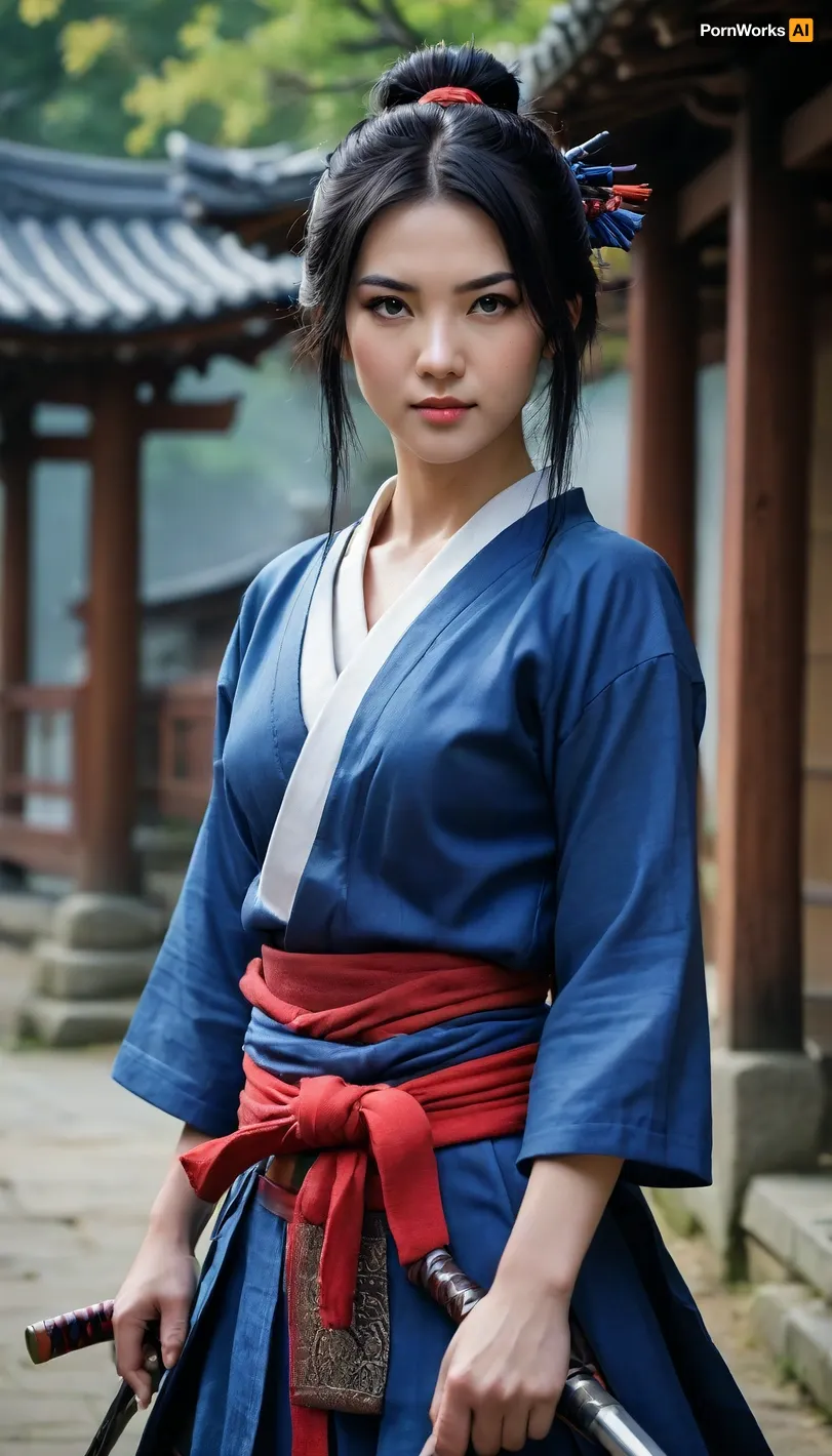 Ultra realistic, sexy samurai assassin, young beautiful samurai girl, friendly cute tall tall face, with wild blue and black hair, slim body, wearing sexy samurai clothes, relaxed pose, SaitoE, <lora:Saitou E:.8>