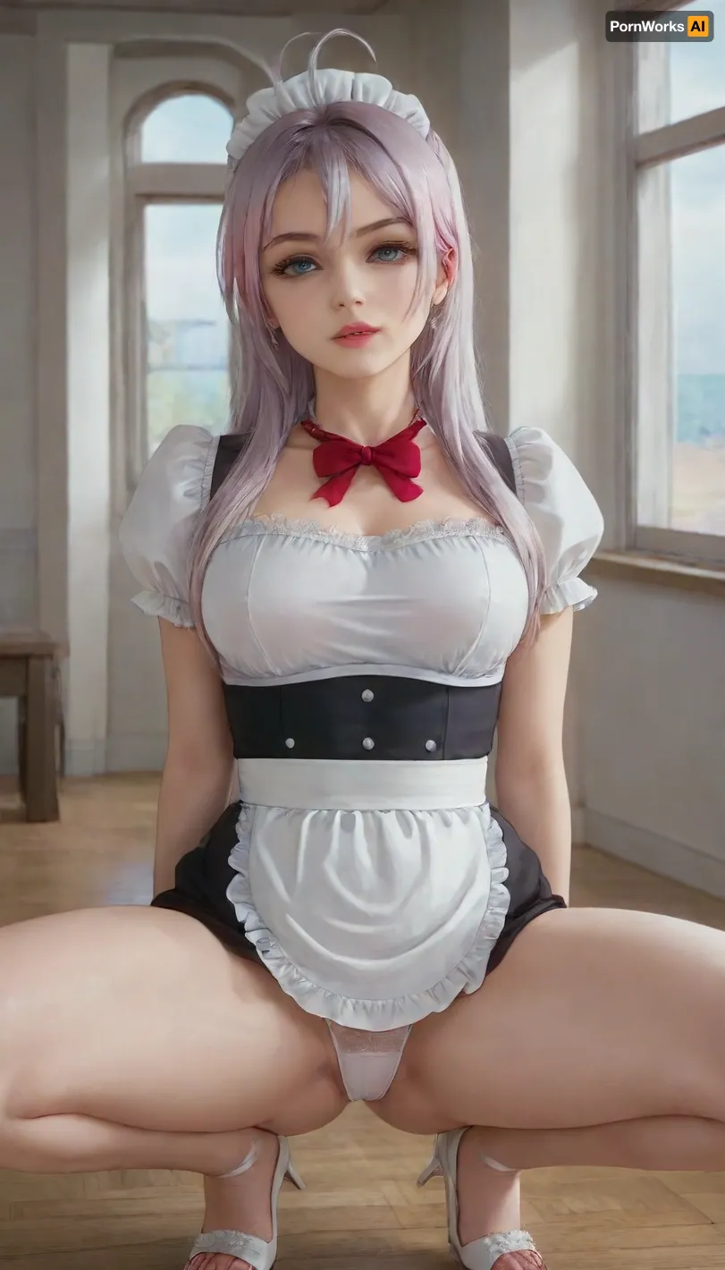 (masterpiece, best quality, high resolution, photorealistic), (Alisa Mikhailovna Kujou from sometimes hides her feelings in russian), a sexy young maid cleans a luxurious mansion, dressed in a long black and white dress, a long flounced skirt falling to the ankle lace suspenders, low-cut corset, white apron tied in the back, high heels, seductive expression, slightly flushed cheeks, long wavy silver or light grayish-white hair cascading over her shoulders, bright green eyes, bright pink lips slightly parted, slightly tilted to better see the viewer, elegant living room with a large chandelier, polished marble floors reflecting soft ambient lighting, classic paintings on the walls, large open windows with gently swaying silk curtains, incoming sunlight, cinematic lighting, ultra-detailed textures, realistic skin rendering, soft shadows, HDR, 8K resolution, high detail, dynamic composition, depth of field, happy, naughty expressions of desire. close-up view.

LIFT, victorian, maid, sit, on, seat, spread, legs, alya, td-alisa, arya_kujo, <lora:xl_victorian_maid_dress-1.0:1>, <lora:sit on seat spread legs XL:.3>, <lora:alya:1>, <lora:td-alisa-V01-000003:1>, <lora:arya_kujo_v1-000012:2>