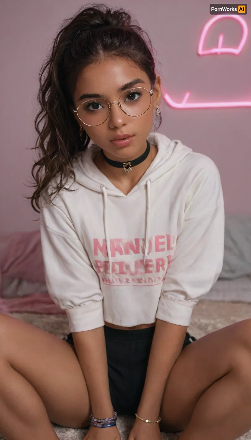 L'innocente beauté d'une altgirl

- Oui.

Sous la chaleur des lumières de néon rose, une Indienne de 18 ans s'assit sur le sol à côté de son lit. Son petit corps était vêtu d'un grand short à capuche et noir, sa poitrine plate accentuée par les vêtements ajustés. Elle portait un gros choker autour du cou, des lunettes givrées surdimensionnées perchées sur son nez parfait. Son visage rond et innocent était encadré par des sourcils parfaitement arqués, des lèvres épaisses, et une cascade de cheveux foncés ramenés dans une queue de cheval. Une collection de bracelets ornait ses poignets délicats, et sa peau, profondément bronzée du soleil, brillait sous la lumière douce. Ses yeux bruns tenaient un air de mystère, mais ils étaient super beaux et innocents.