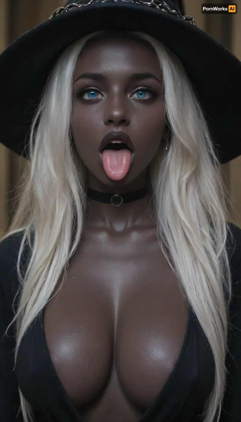 a photo of Senegalese fitness model with, (((white hair, blue eyes, pitch black skin, ebony, very large breasts, very dark lips, black choker, crossed eyes, tongue out, ahegao))), (closeup), looking at viewer, horny, closeup, (((long white hair, blue eyes))), crossed eyes, tongue out, BreastsApart, breasts, huge, backbreakingbreasts, tattoo, irezumi, black, dark, wizard robe, IncrsXLRanni, wavy, hair, cracked, skin, colored, blue, (), joints, robe, witch, hat, cloak, <lora:Sweaty_Realism_4-000006:.8>, <lora:Diversify:1.1>, <lora:RanniXLV2:.8>, tongue, out, ahegao, drool, <lora:ahegao_mr_chrisma:.8>