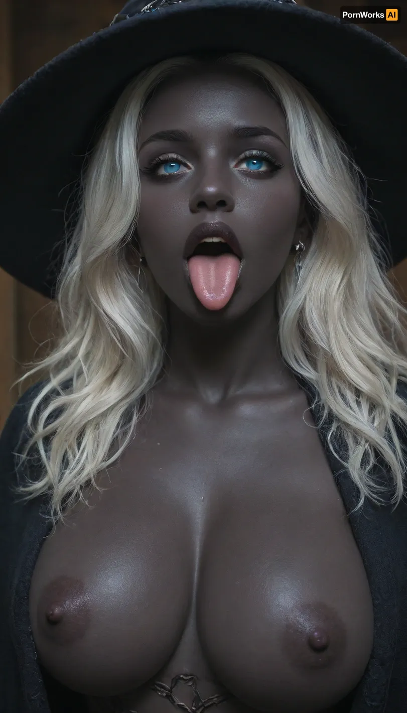 a photo of Senegalese fitness model with, (((white hair, blue eyes, pitch black skin, ebony, very large breasts, very dark lips, crossed eyes, tongue out, ahegao))), (closeup), looking at viewer, horny, closeup, (((long white hair, blue eyes))), crossed eyes, tongue out, BreastsApart, breasts, huge, backbreakingbreasts, tattoo, irezumi, black, dark, wizard robe, IncrsXLRanni, wavy, hair, cracked, skin, colored, blue, (), joints, robe, witch, hat, cloak, <lora:Sweaty_Realism_4-000006:.8>, <lora:Diversify:1.1>, <lora:RanniXLV2:.8>, tongue, out, ahegao, drool, <lora:ahegao_mr_chrisma:.8>