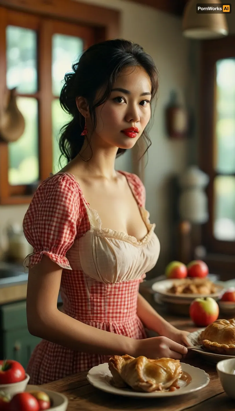 Vietnamese Wives, gingham dress, kitchen, serving dinner, a roast turkey, apple pie, plump lips, DDD-breasts, 5-foot-9-inches, tall, buxom, full-figured, curvaceous, <lora:MJ52:.8>