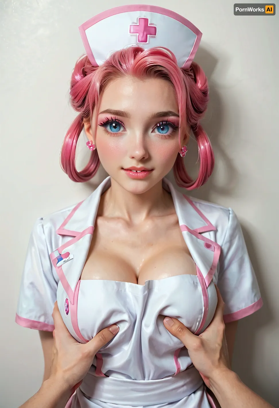 nurse joy from pokemon, leaning on wall, sexy face, sexy, cute face, lip bite, shy, submissive, scared, nose blush, large round firm boobs, chest up, breast grab, male viewer has one hand squeezing breast hard, pov male viewer has one hand pulling girls top down, boob focus, pov, close up, eyeliner, thick, graphic, pokemon, nurse joy, pink hair rings, bangs, cap, pink collared, dress, apron
