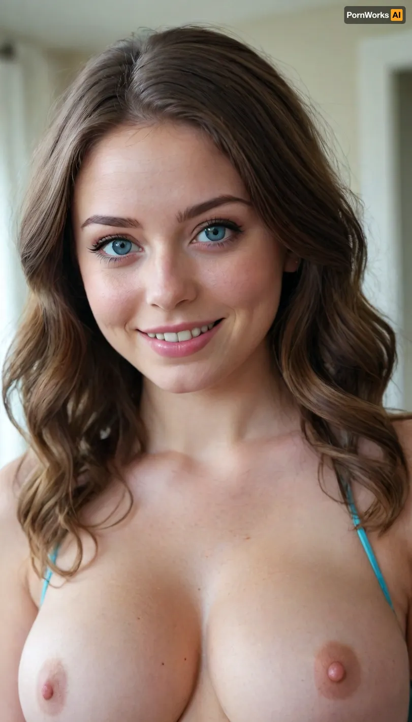 young and beautiful babe, big natural boobs, big areolas, large nipples, perfect innie pussy, natural cameltoe pussy, wide hips, PAWG, fresh shaved pussy and asshole, slender waist, leaning forward towards the camera, squeezing her boobs together with her upper arms, big smile, makeup, body freckles, dark brunette hair, wavy hair, ice blue eyes, 19 years old, modern house
